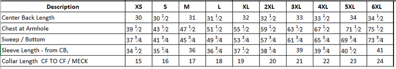 Size Chart for FR ARAMID STRETCH SHIRT