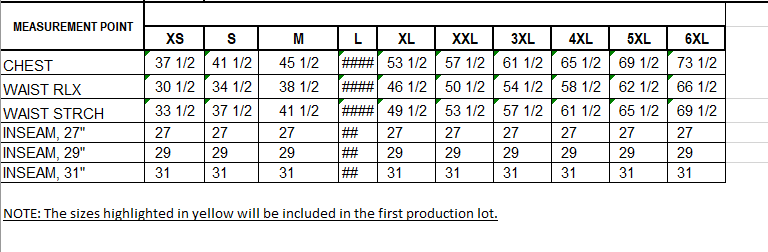 Size Chart for FR FRENCHY RUGGED ENHANCED VISIBILITY COVERALL