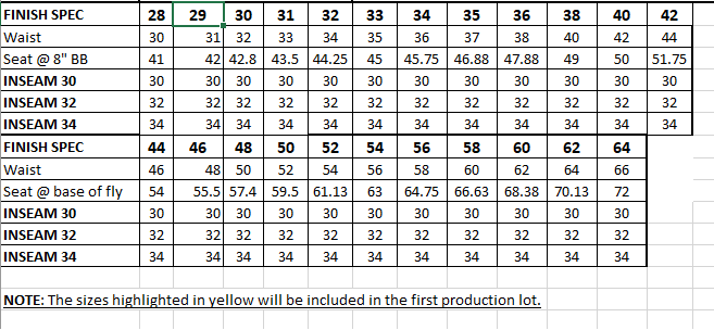 Size Chart for FR FRENCHY RUGGED PANT - KHAKI
